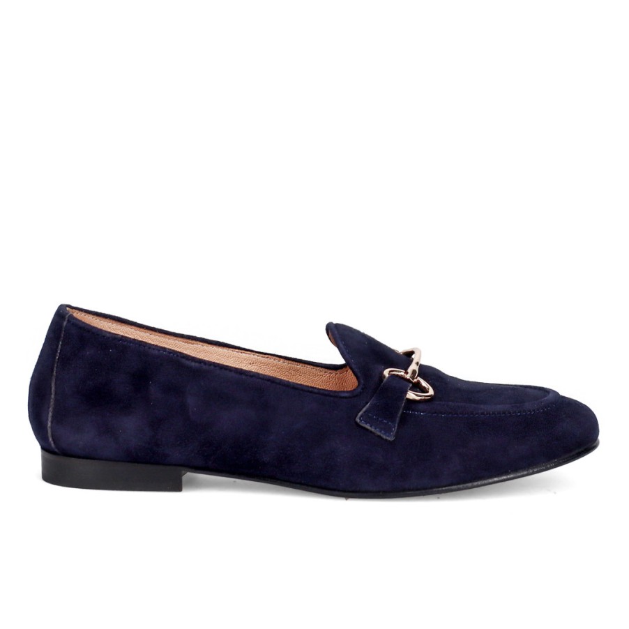 Frauen SANGIORGIO Slipper | Sangiorgio Damen-Loafer Aus Blauem Wildleder Mit Goldenem Horsebit