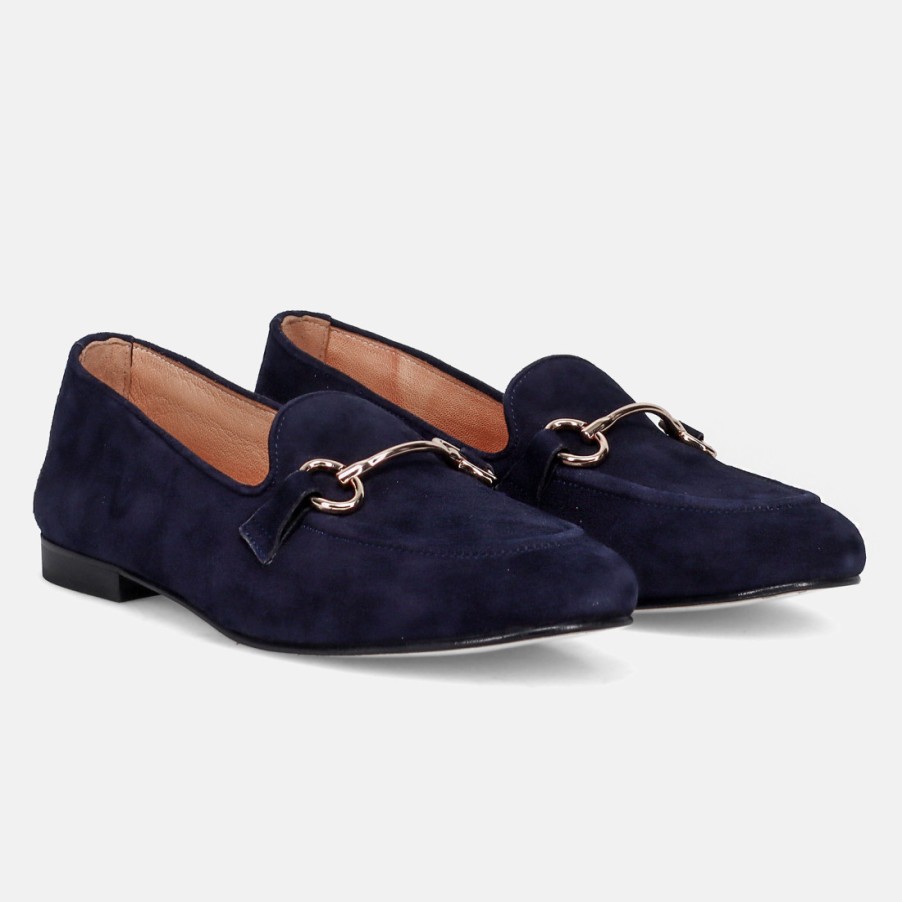 Frauen SANGIORGIO Slipper | Sangiorgio Damen-Loafer Aus Blauem Wildleder Mit Goldenem Horsebit