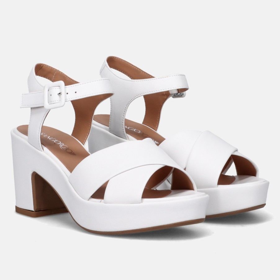 Frauen SANGIORGIO Sandalen | Sangiorgio-Sandale Aus Weisem Leder Mit Mittlerem Absatz Und Riemen