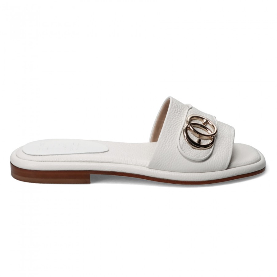 Frauen SANGIORGIO Sandalen | Luca Grossi Weiser Slipper Aus Leder Mit Goldenem Accessoire