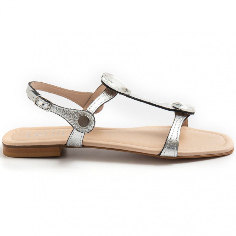 Frauen SANGIORGIO Sandalen | Flache Cecile-Sandalen Aus Silbernem Leder Mit Riemen Und Steinen