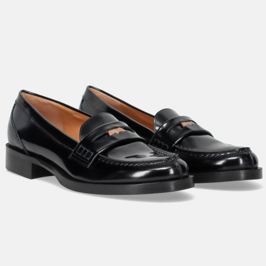 Frauen SANGIORGIO Slipper | Le Claire Penny Loafer Aus Schwarzem Geburstetem Leder