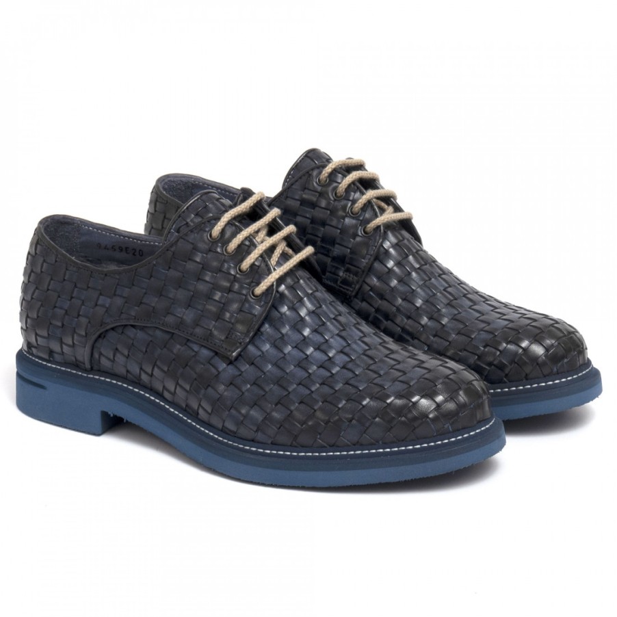 Manner SANGIORGIO Schnuren | Blaue, Weise Schnur-Derby-Schuhe Von John Aus Gewebtem Leder