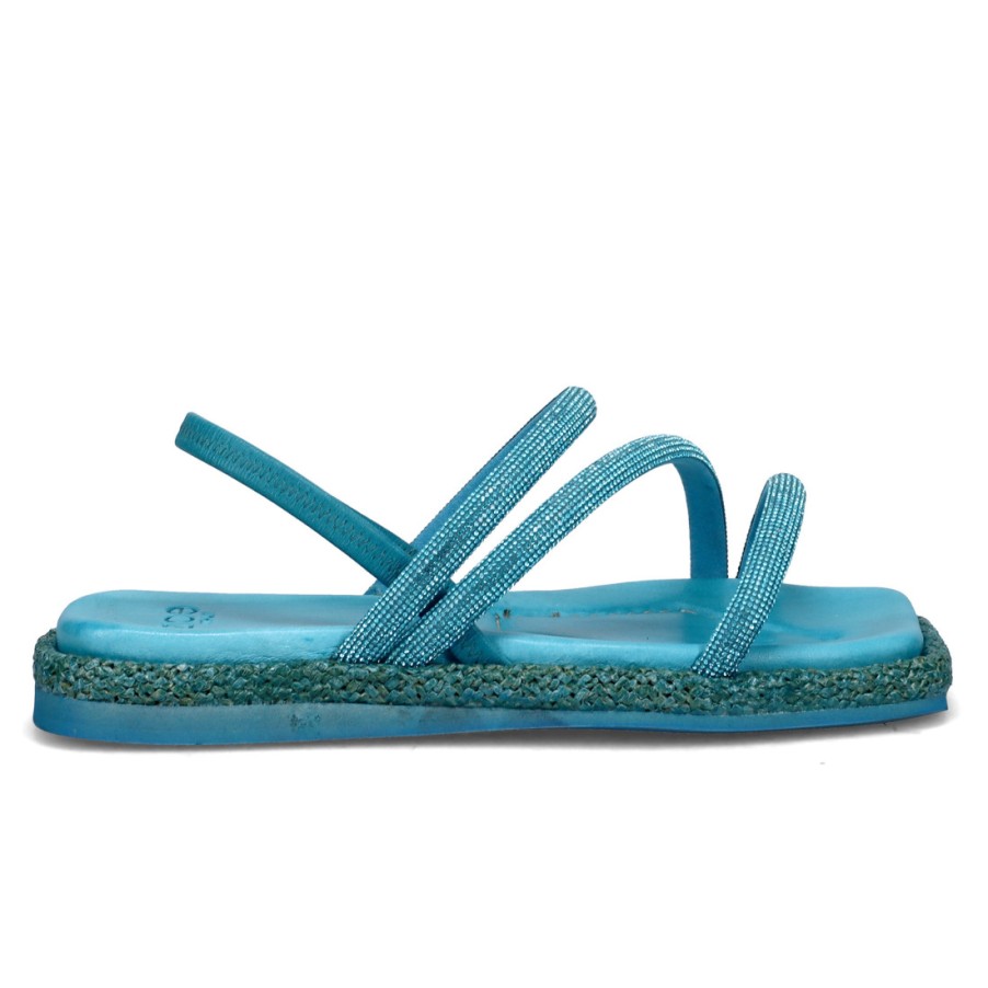 Frauen SANGIORGIO Sandalen | Flache Sandalen „Zoe Flor 02" In Turkis Aus Leder Mit Strasssteinen