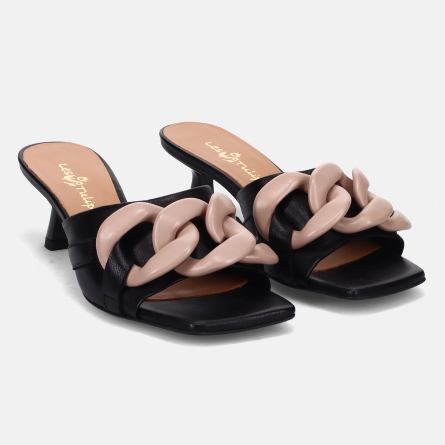 Frauen SANGIORGIO Sandalen | Les Tulipes Damensandale Aus Schwarzem Leder Mit Rosa Kette