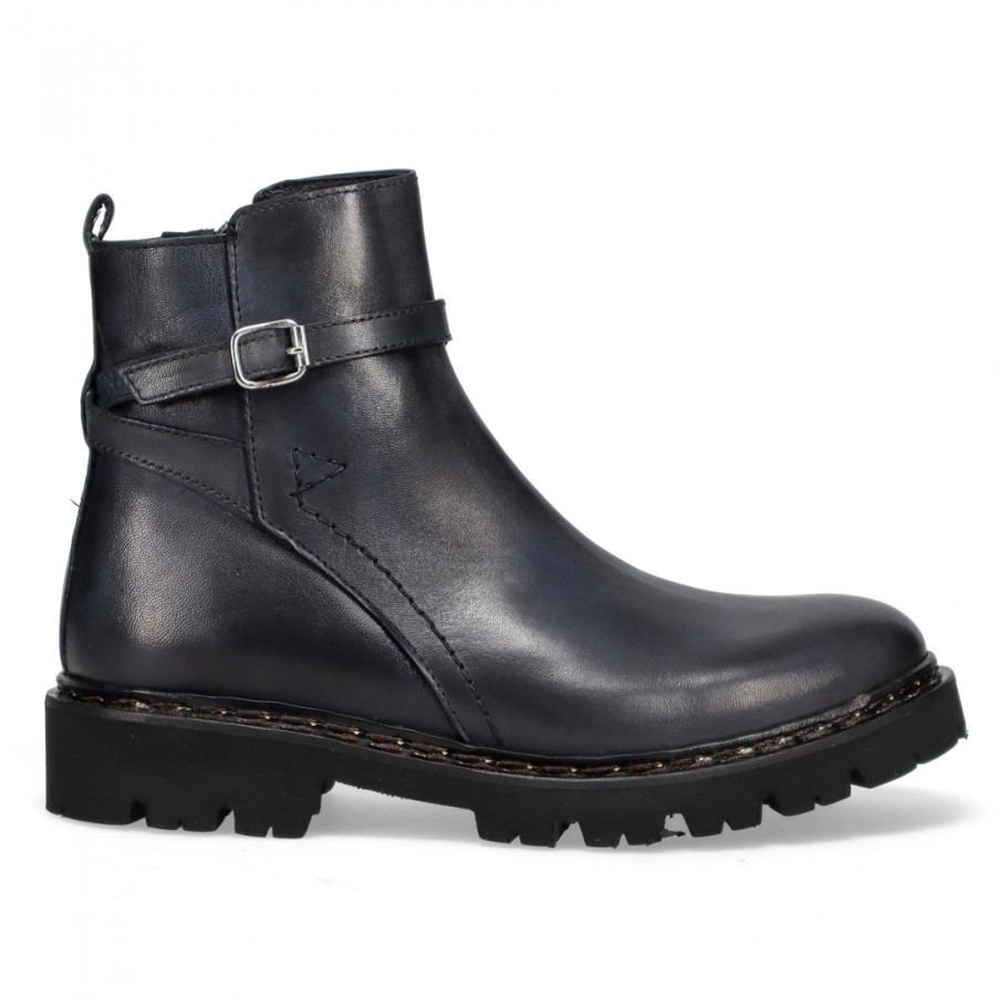 Frauen SANGIORGIO Stiefeletten | Sangiorgio Damen-Stiefelette Aus Blauem Leder Mit Riemen