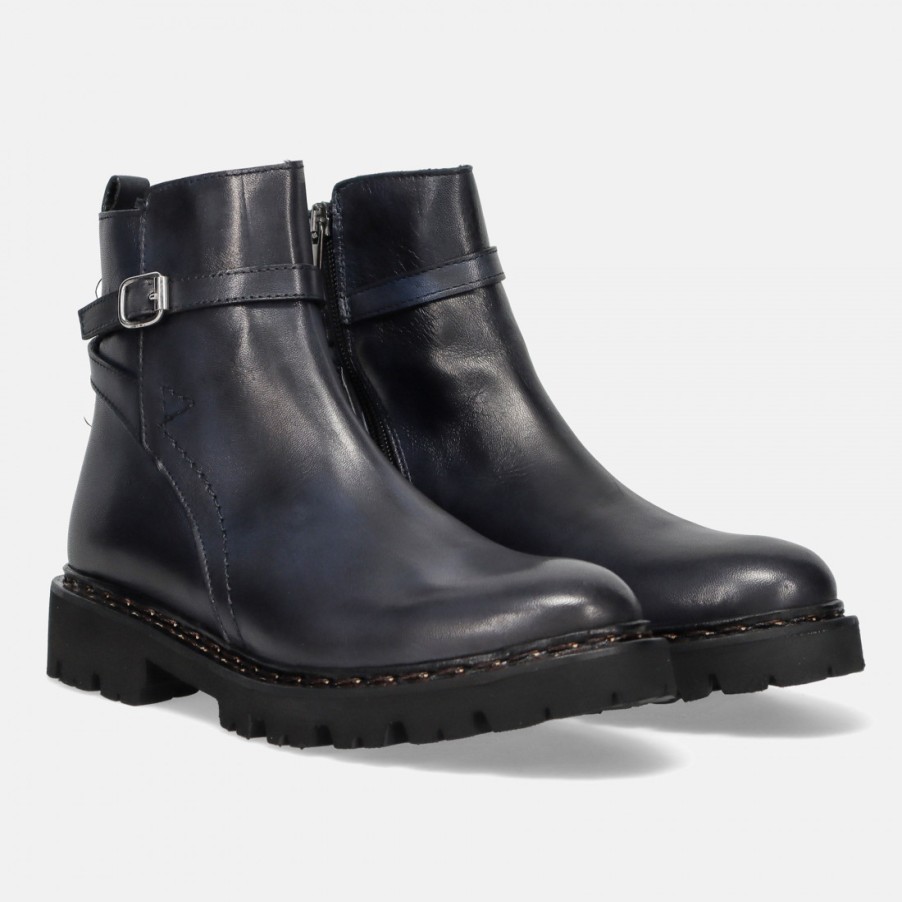 Frauen SANGIORGIO Stiefeletten | Sangiorgio Damen-Stiefelette Aus Blauem Leder Mit Riemen