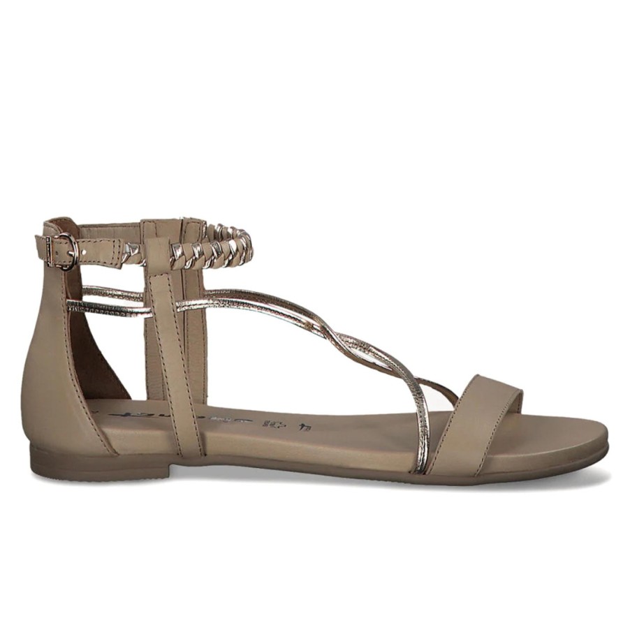 Frauen SANGIORGIO Sandalen | Tamaris Flache Sandale Aus Taupefarbenem Und Silbernem Leder Mit Reisverschluss