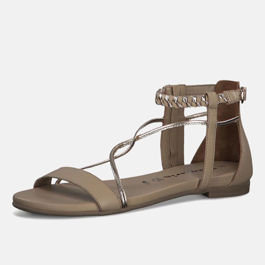 Frauen SANGIORGIO Sandalen | Tamaris Flache Sandale Aus Taupefarbenem Und Silbernem Leder Mit Reisverschluss