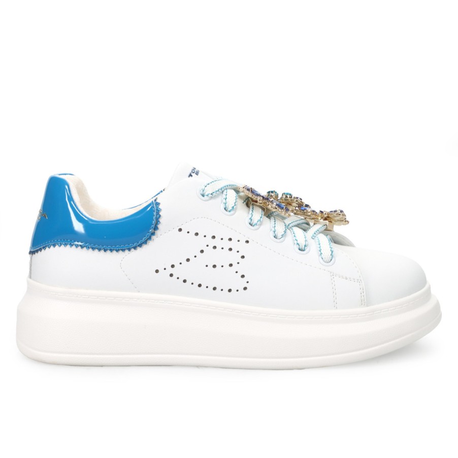 Frauen SANGIORGIO Turnschuhe | Tosca Blu Studio Glamur Sneaker In Weis Und Himmelblau Mit Strasssteinen