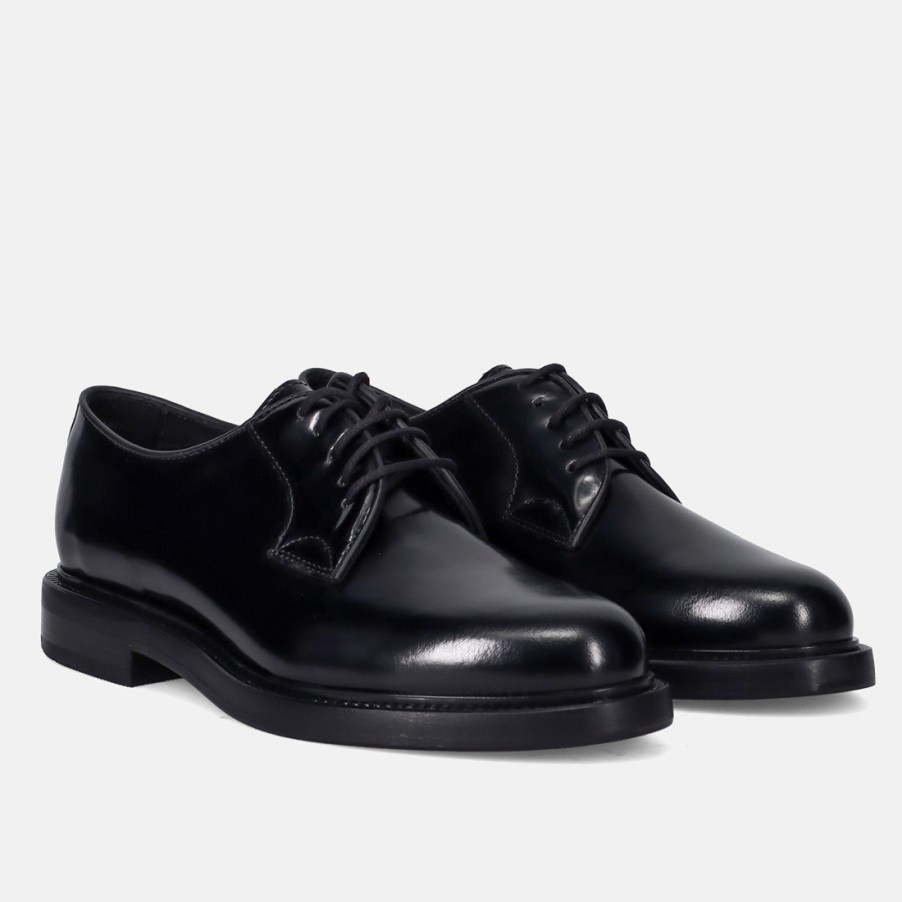 Manner SANGIORGIO Schnuren | Antica Cuoieria Eleganter Derby-Schuh Aus Schwarzem Geburstetem Leder