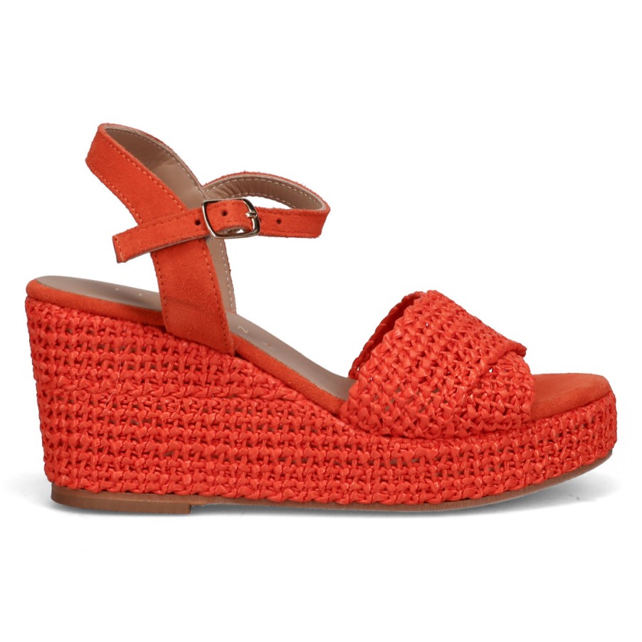 Frauen SANGIORGIO Sandalen | Fiorina Orange Raffia-Keilsandalette Mit Lederriemen