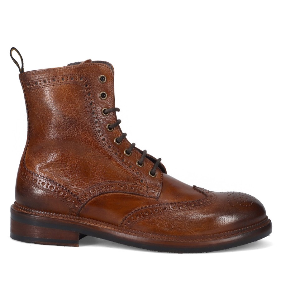 Manner SANGIORGIO Stiefeletten | Jp David Brogue-Schnurstiefel Aus Cognacfarbenem, Gealtertem Leder