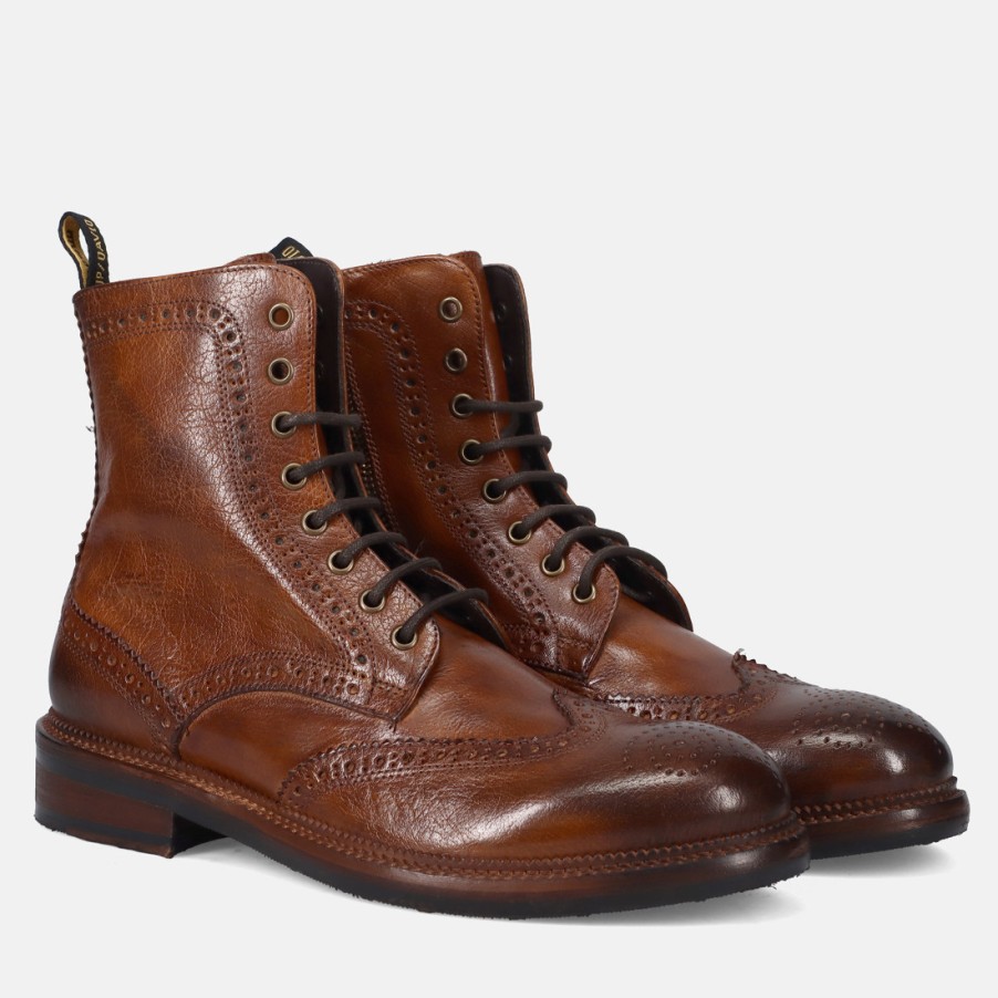 Manner SANGIORGIO Stiefeletten | Jp David Brogue-Schnurstiefel Aus Cognacfarbenem, Gealtertem Leder