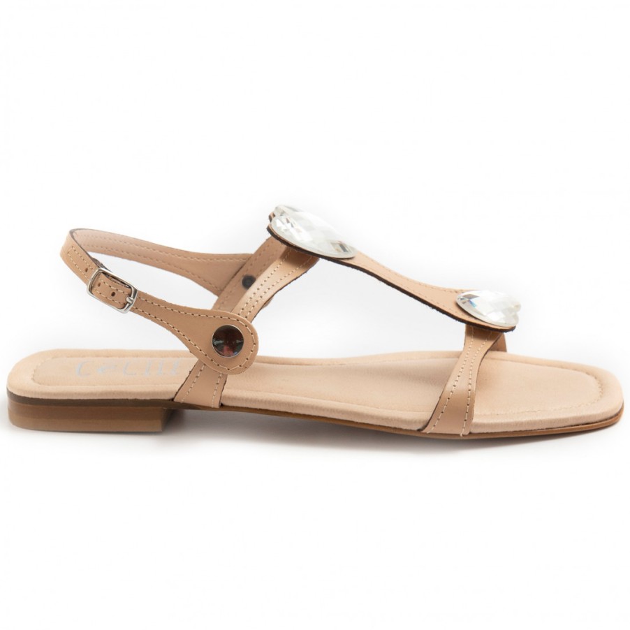 Frauen SANGIORGIO Sandalen | Flache Cecile-Sandalen Aus Hellbraunem Leder Mit Riemen Und Steinen