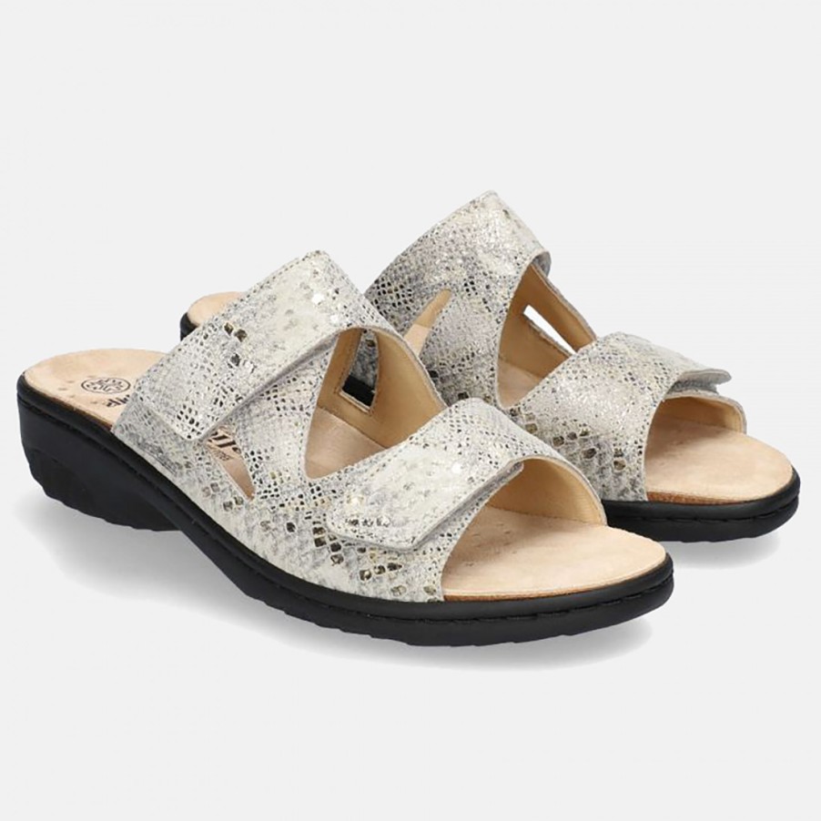 Frauen SANGIORGIO Sandalen | Mephisto Geva Damen-Slipper Aus Platinfarbenem Leder