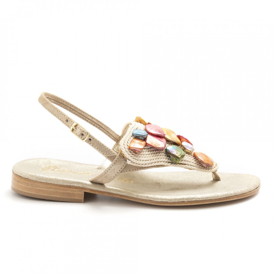 Frauen SANGIORGIO Sandalen | Goldene Balduccelli-Flip-Flop-Sandalen Mit Seil Und Farbigen Steinen