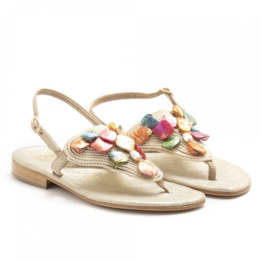 Frauen SANGIORGIO Sandalen | Goldene Balduccelli-Flip-Flop-Sandalen Mit Seil Und Farbigen Steinen