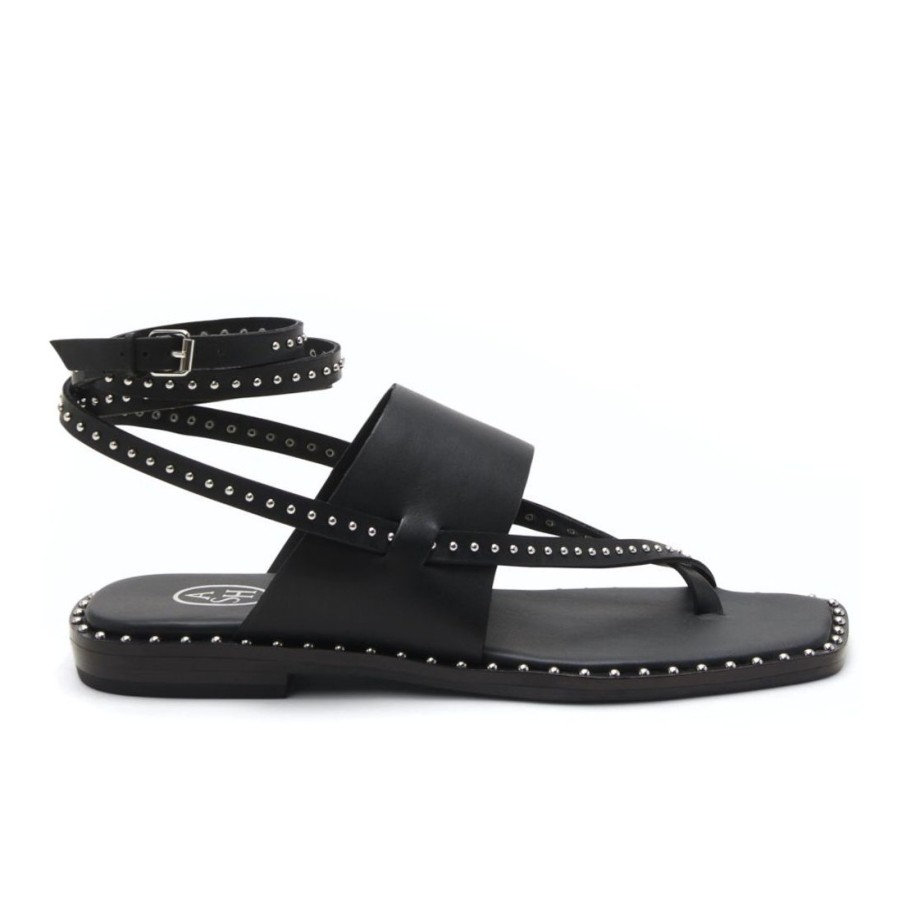 Frauen SANGIORGIO Sandalen | Flache Gladiator-Sandale „Ash Medusa Stud" Aus Schwarzem Leder