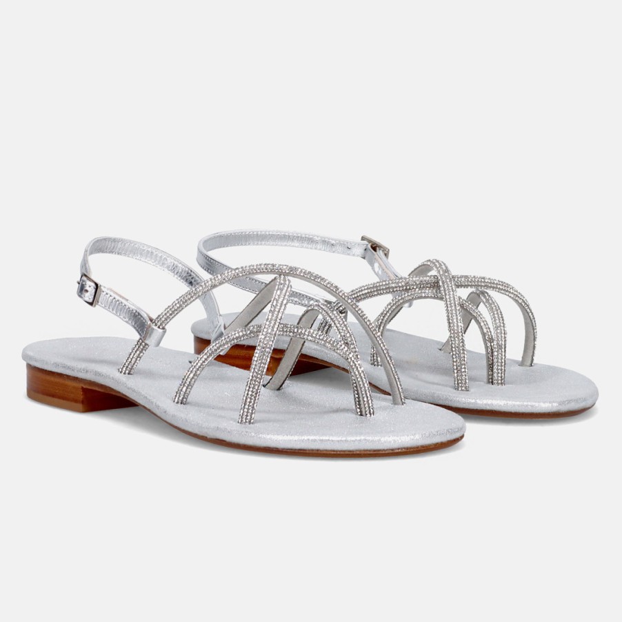 Frauen SANGIORGIO Sandalen | Positano Jewel Zehenstegsandale Aus Silbernem Leder Mit Strasssteinen