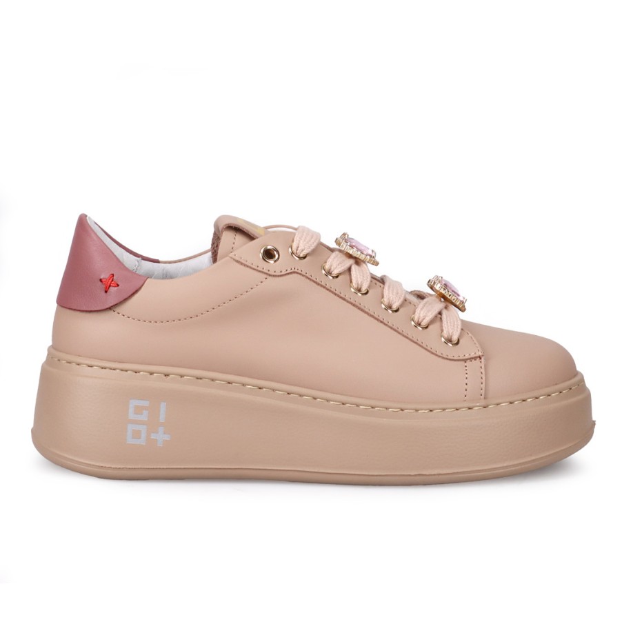 Frauen SANGIORGIO Turnschuhe | Gio+ Pia 84 Damen-Sneaker Aus Beigem Leder Mit Strass-Teddybar