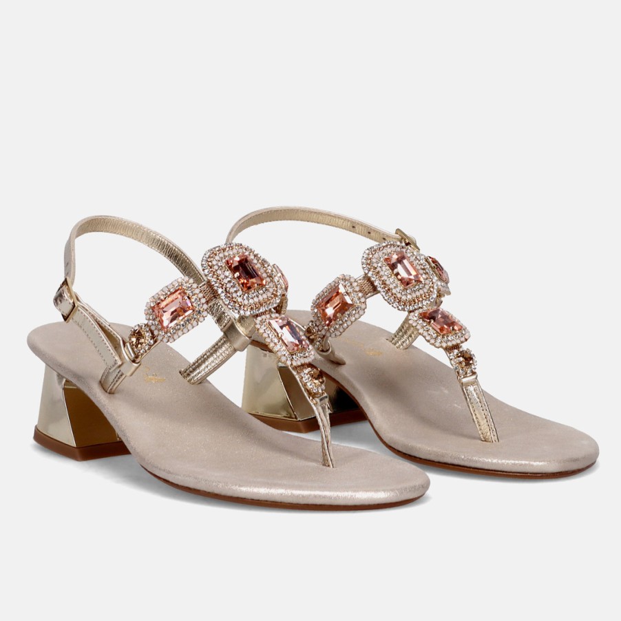 Frauen SANGIORGIO Sandalen | Positano Platinum Thong Jewel Sandale Mit Strasssteinen Und Mittlerem Absatz