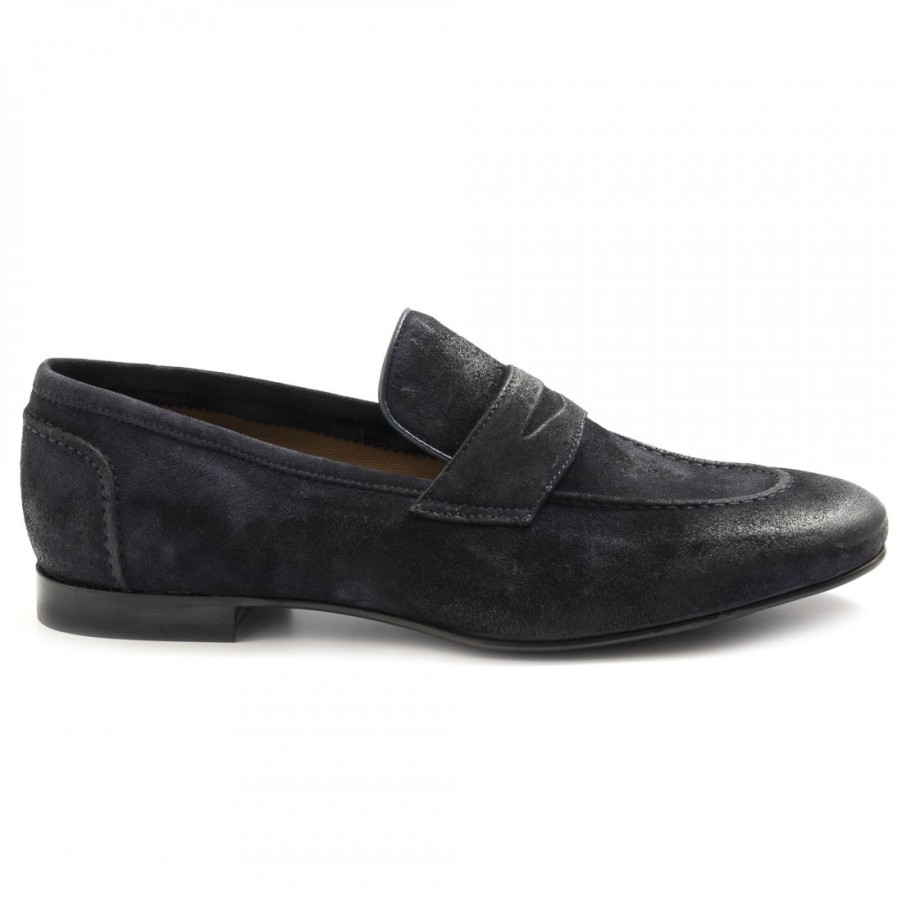 Manner SANGIORGIO Slipper | Sangiorgio-Loafer Fur Herren Aus Blauem Gewachstem Wildleder