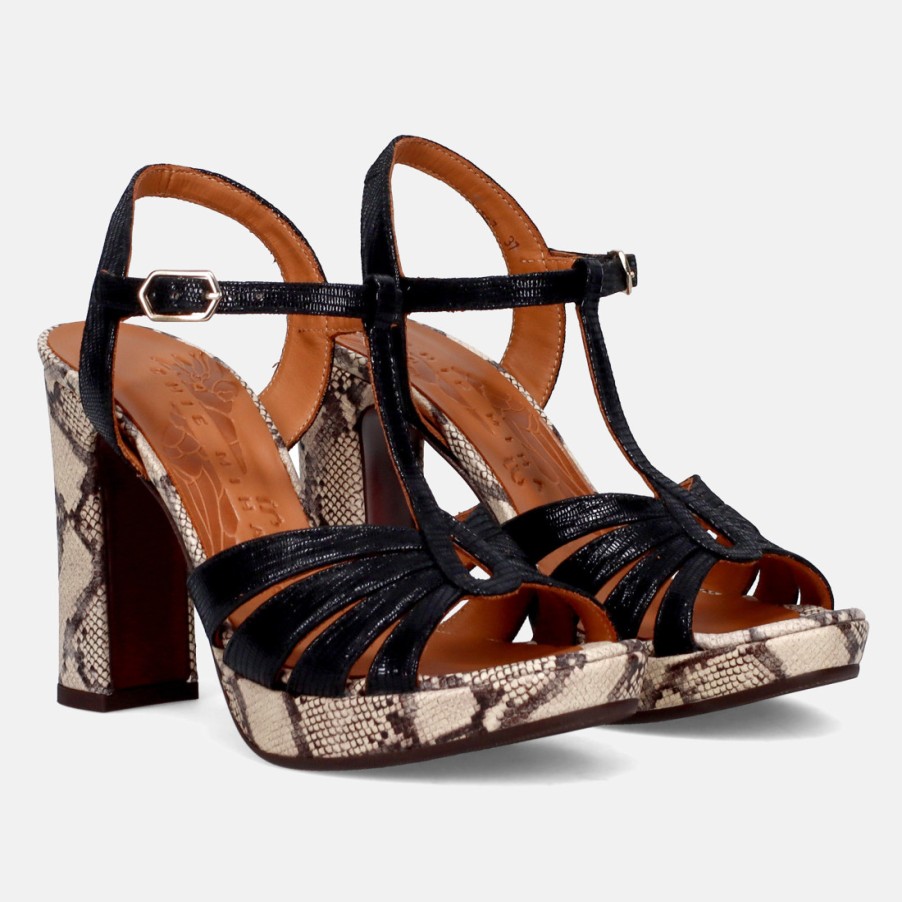 Frauen SANGIORGIO Sandalen | Chie Mihara Cafra Sandale In Schwarz Und Animalier Mit Hohem Absatz