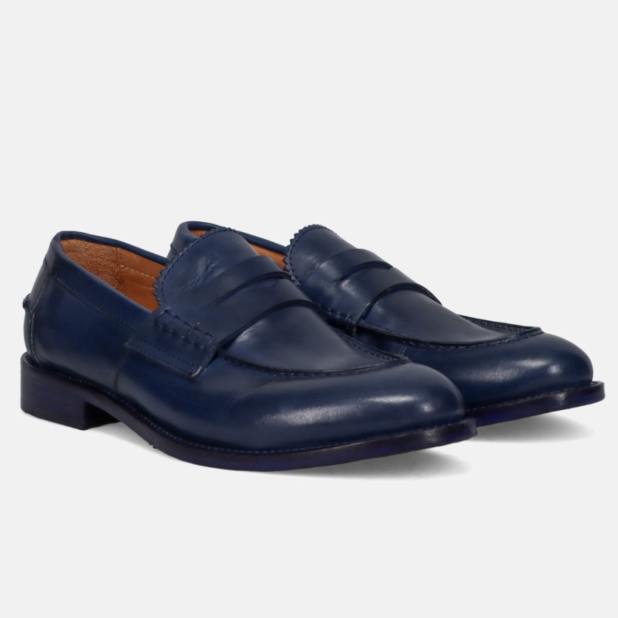 Manner SANGIORGIO Slipper | Jp/David Handgefertigter Mokassin Fur Herren Aus Blauem Leder