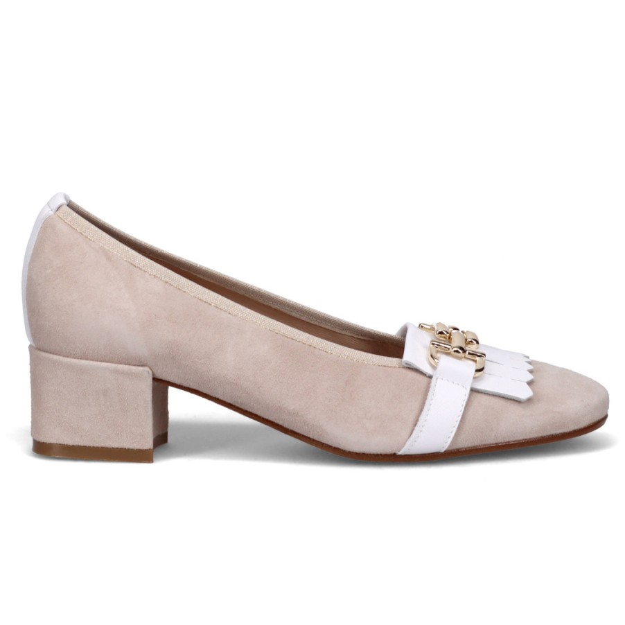 Frauen SANGIORGIO Pumps | Beige-Weiser Sangiorgio-Schuh Mit Niedrigem Absatz, Fransen Und Horsebit