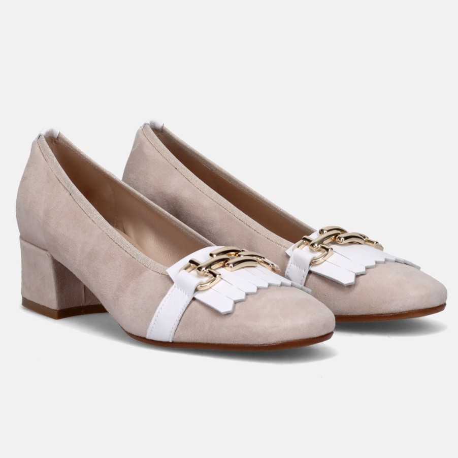 Frauen SANGIORGIO Pumps | Beige-Weiser Sangiorgio-Schuh Mit Niedrigem Absatz, Fransen Und Horsebit