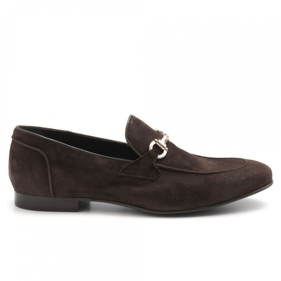 Manner SANGIORGIO Slipper | Dunkelbraune Mokassins Aus Weichem Wildleder Mit Metallklammern