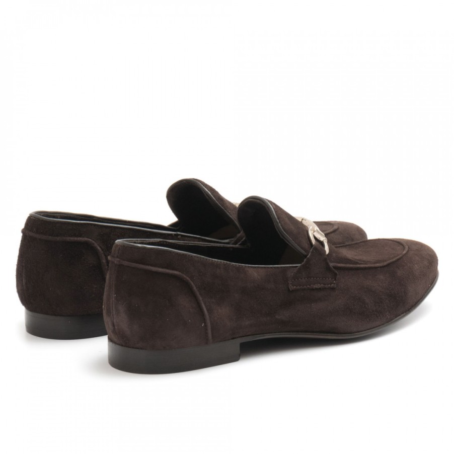 Manner SANGIORGIO Slipper | Dunkelbraune Mokassins Aus Weichem Wildleder Mit Metallklammern