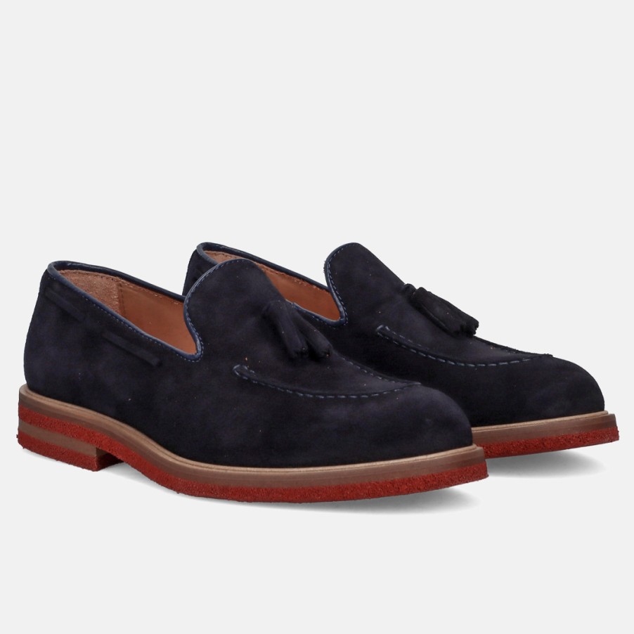 Manner SANGIORGIO Slipper | Sangiorgio Herren-Loafer Aus Blauem Wildleder Mit Quasten