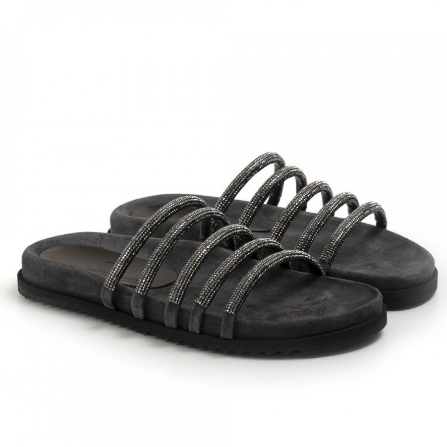 Frauen SANGIORGIO Sandalen | Peruzzini-Slipper Aus Grauem Wildleder Mit Strasssteinen