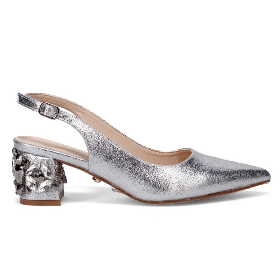 Frauen SANGIORGIO Pumps | Twentyfourhaitch Anastasia Silver Slingback Mit Verziertem Absatz