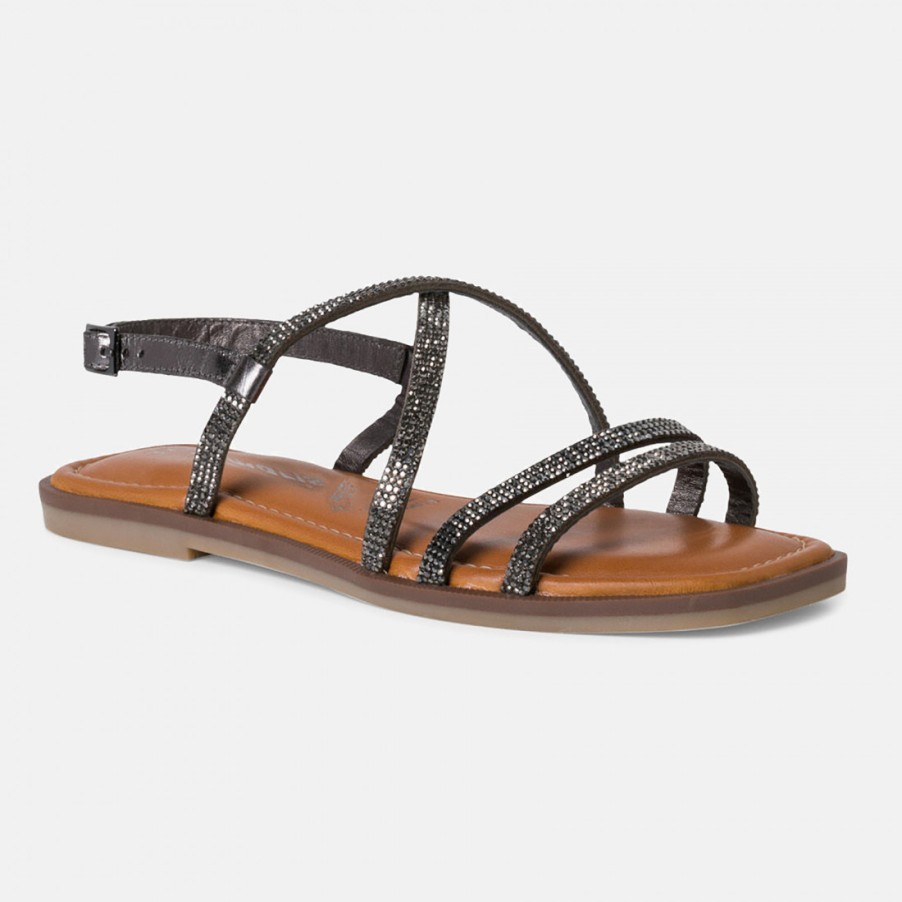 Frauen SANGIORGIO Sandalen | Tamaris Damen-Sandale Aus Dunkelsilbernem Leder Mit Strasssteinen