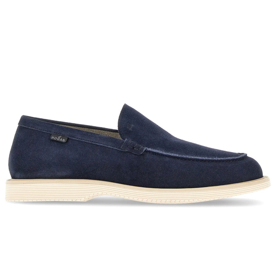 Manner SANGIORGIO Slipper | Hogan H616 Herren-Mokassin Aus Blauem Wildleder Mit Leinenfutter