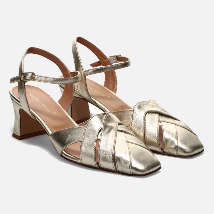 Frauen SANGIORGIO Sandalen | Massimo Baldi Slingback Aus Platinleder Mit Mittlerem Absatz