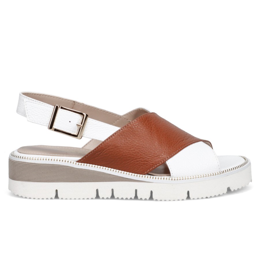 Frauen SANGIORGIO Sandalen | Sangiorgio Criss-Cross-Sandale Aus Weisem Und Hellbraunem Leder