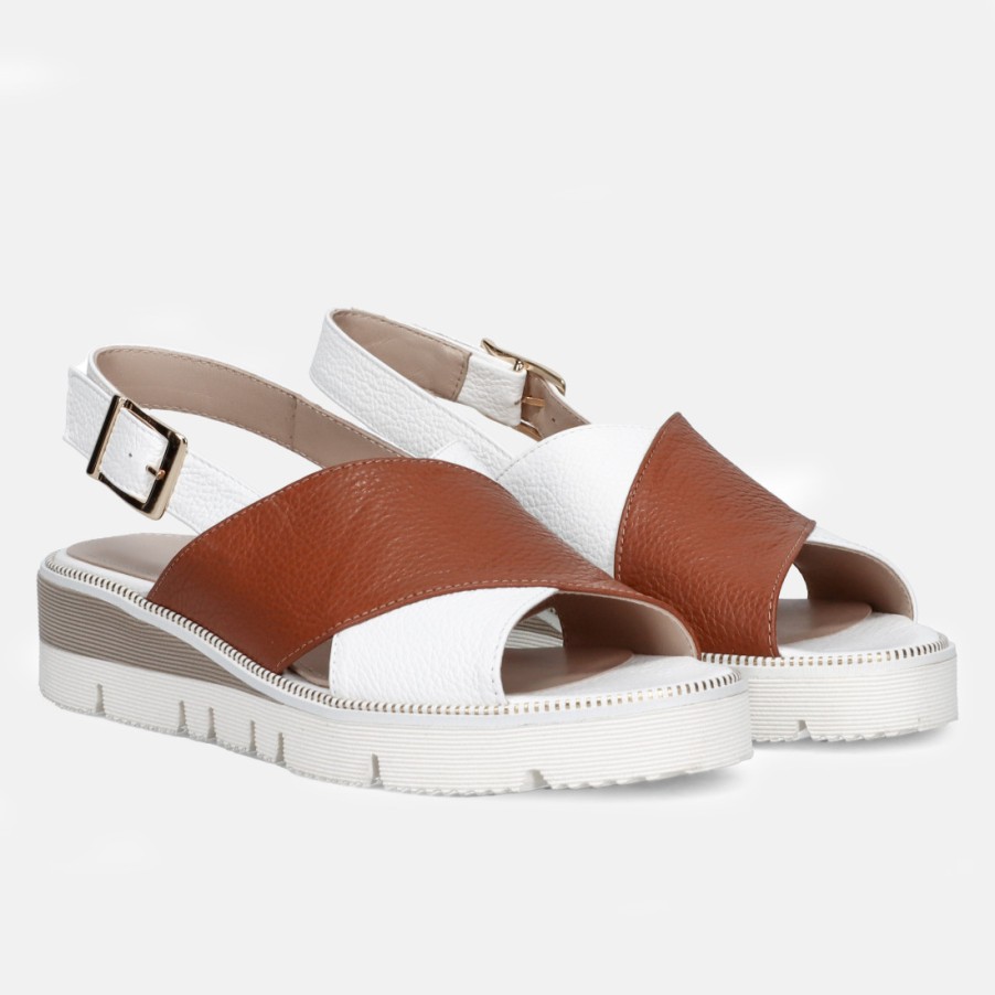 Frauen SANGIORGIO Sandalen | Sangiorgio Criss-Cross-Sandale Aus Weisem Und Hellbraunem Leder