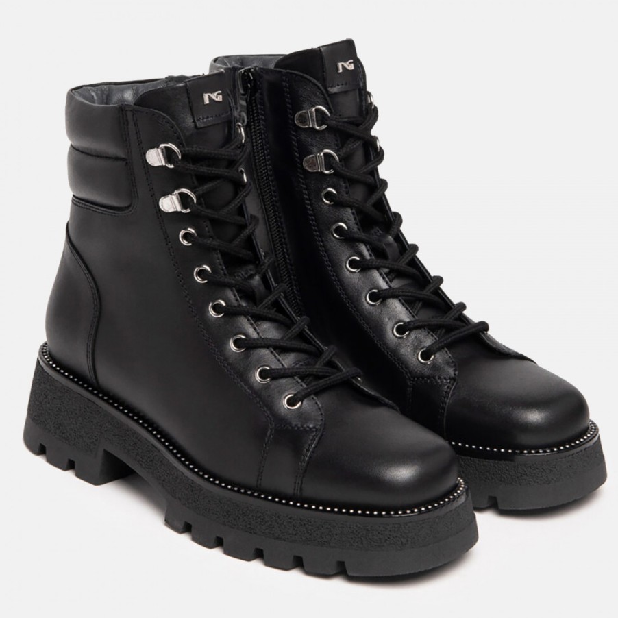 Frauen SANGIORGIO Militarstiefel | Damen-Schnurschuhe Nerogiardini Aus Schwarzem Leder