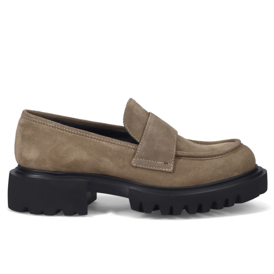 Frauen SANGIORGIO Slipper | Vicolo 8 Damen-Mokassin Aus Taupefarbenem Wildleder