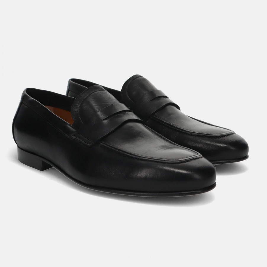 Manner SANGIORGIO Slipper | Sangiorgio Eleganter Mokassin Aus Schwarzem, Weichem Leder