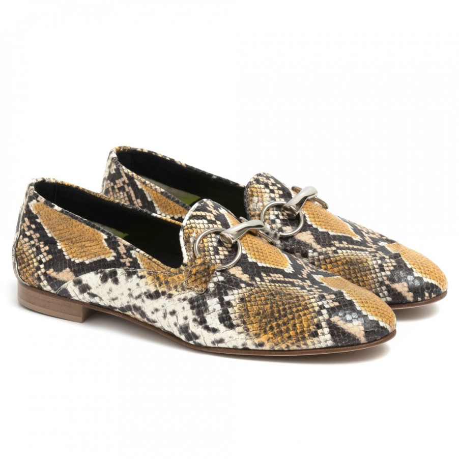 Frauen SANGIORGIO Slipper | Poesie Veneziane Mokassin Aus Gelbem Leder Mit Python-Print