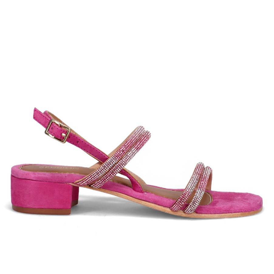 Frauen SANGIORGIO Sandalen | Fusion-Sandale Aus Fuchsiafarbenem Leder Mit Strasssteinen Und Bequemem Absatz