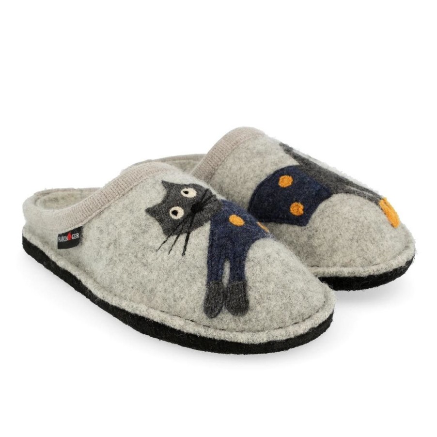 Frauen SANGIORGIO Sandalen | Grauer Haflinger Cucho-Slipper Aus Gekochter Wolle Mit Katze