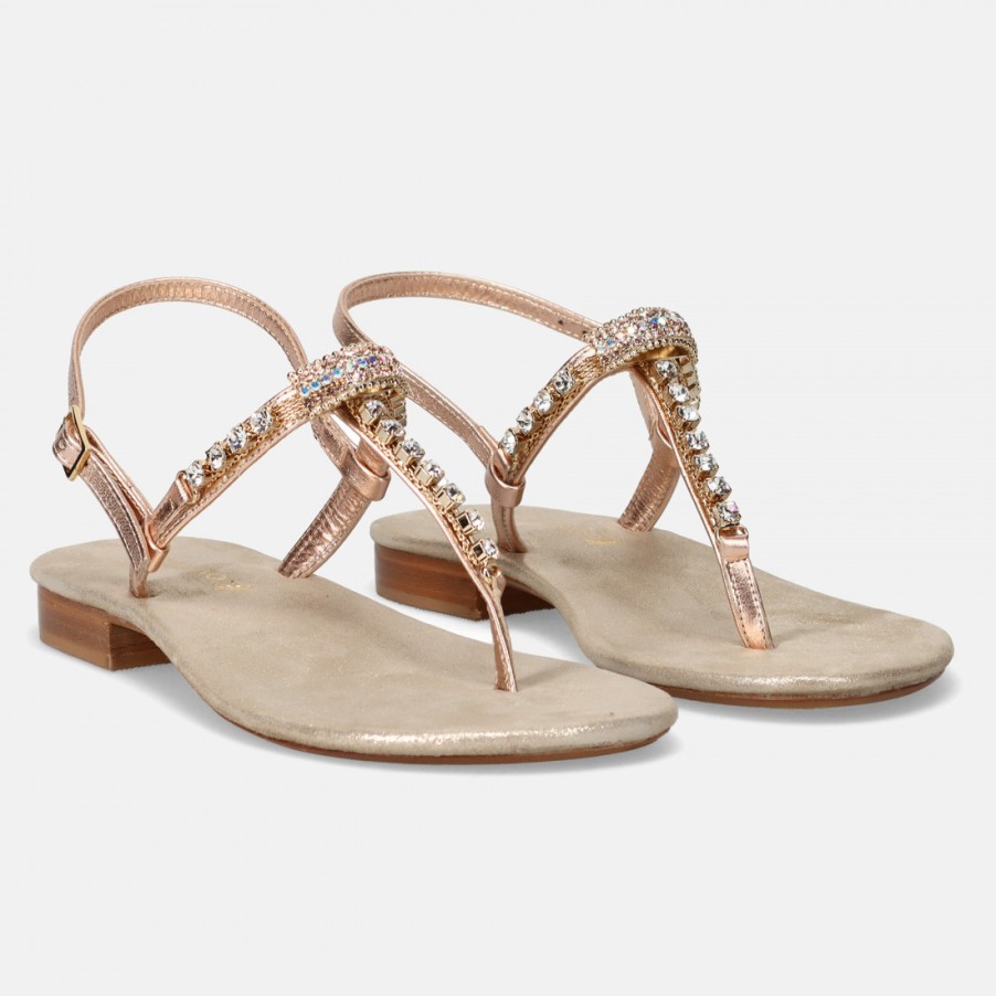 Frauen SANGIORGIO Sandalen | Positano Jewel Zehenstegsandalen Aus Kupferfarbenem, Laminiertem Leder Mit Strasssteinen