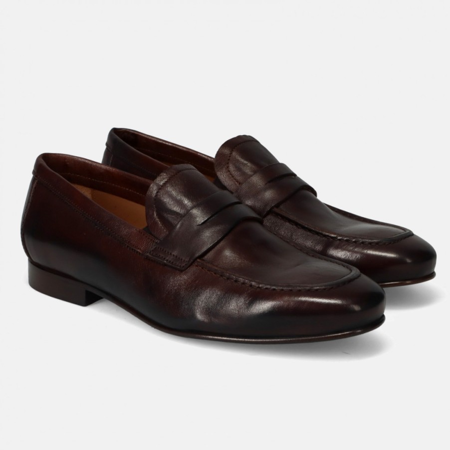 Manner SANGIORGIO Slipper | Sangiorgio Eleganter Mokassin Aus Dunkelbraunem, Weichem Leder