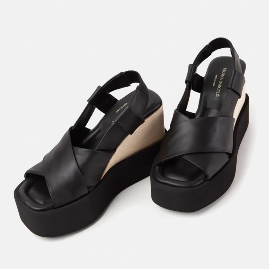 Frauen SANGIORGIO Sandalen | Paloma Barcelo Mao Schwarze Napasilk-Plateau-Keilsandale